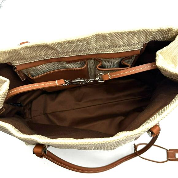 ANTONIO MELANI Tan‎ Brown Canvas Purse Handbag Shoulder Tote Faux Leather Trim - Picture 3 of 10